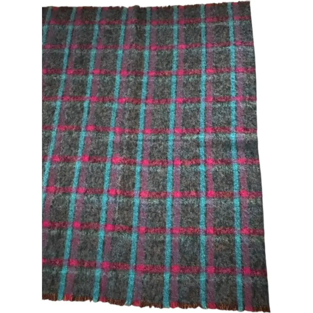 1980s Donegal Design Hand Woven Mohair Wool Plaid Scarf Ireland 60x70